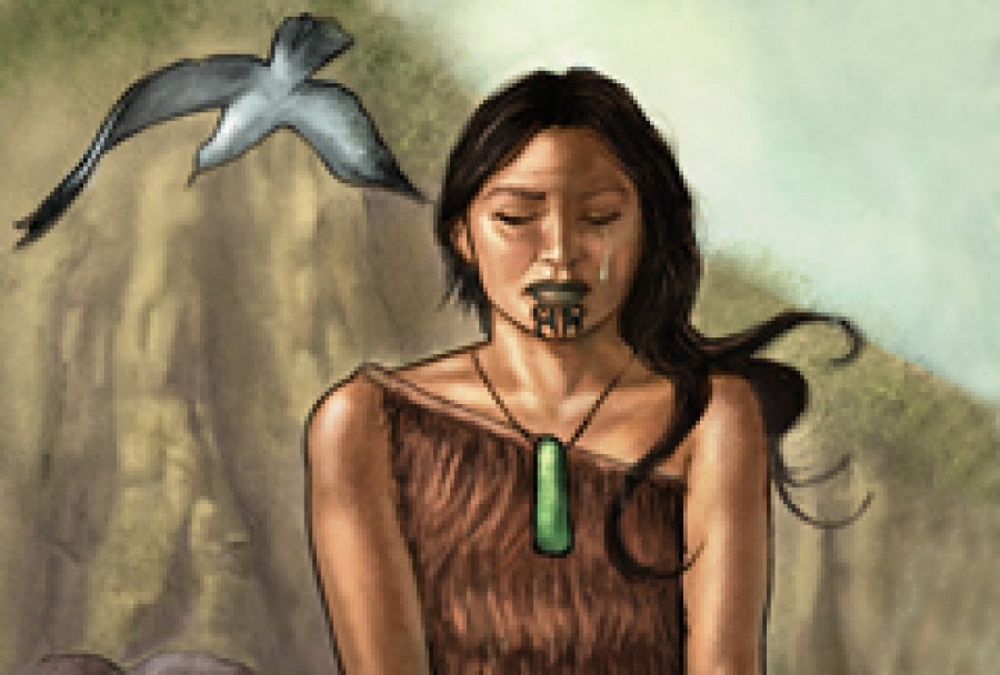 Illustration of Taranga setting Māui out to voyage on the sea